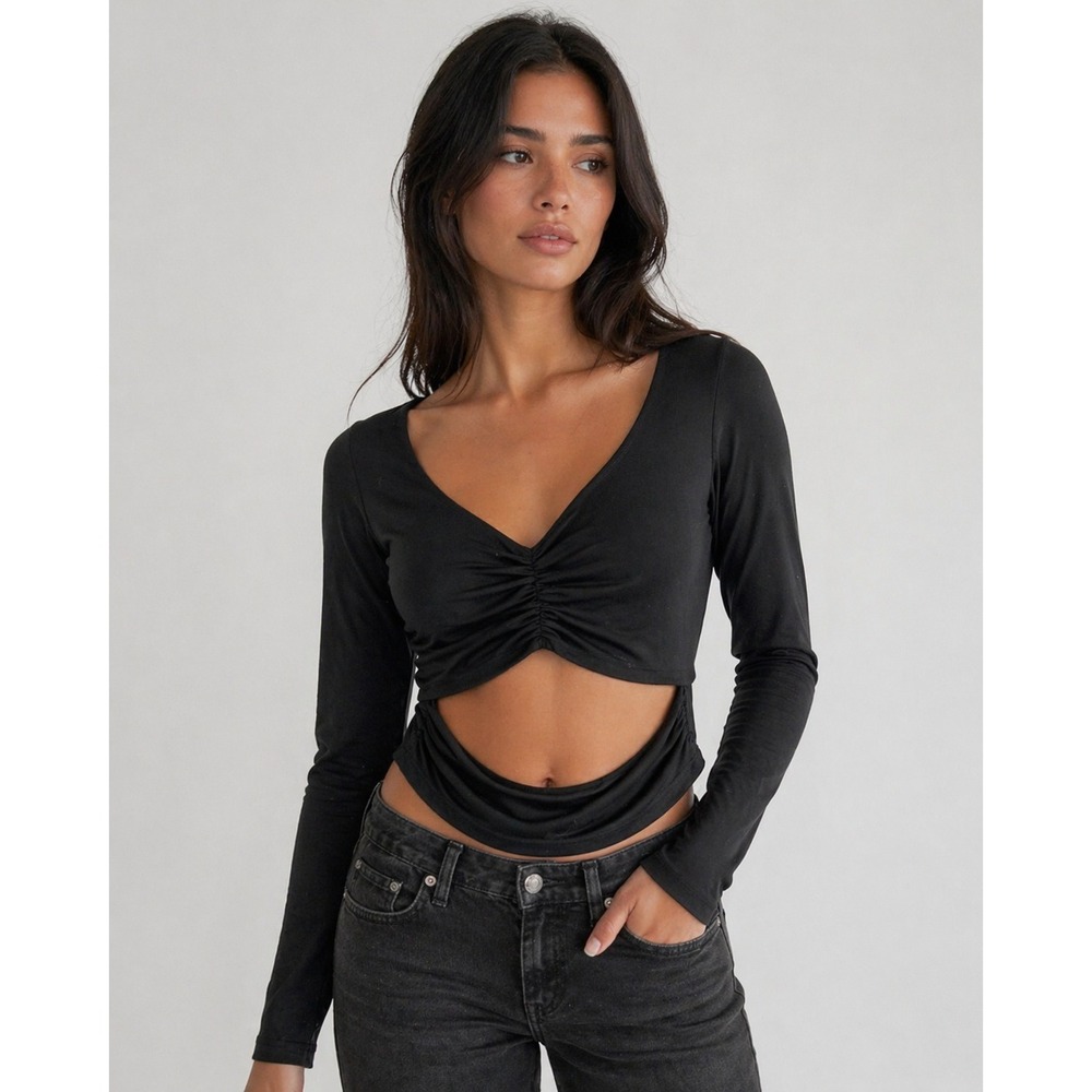 Fensace Cutout Ruched Top Womens L Black Long Sleeve Edgy Goth Streetwear Y2K